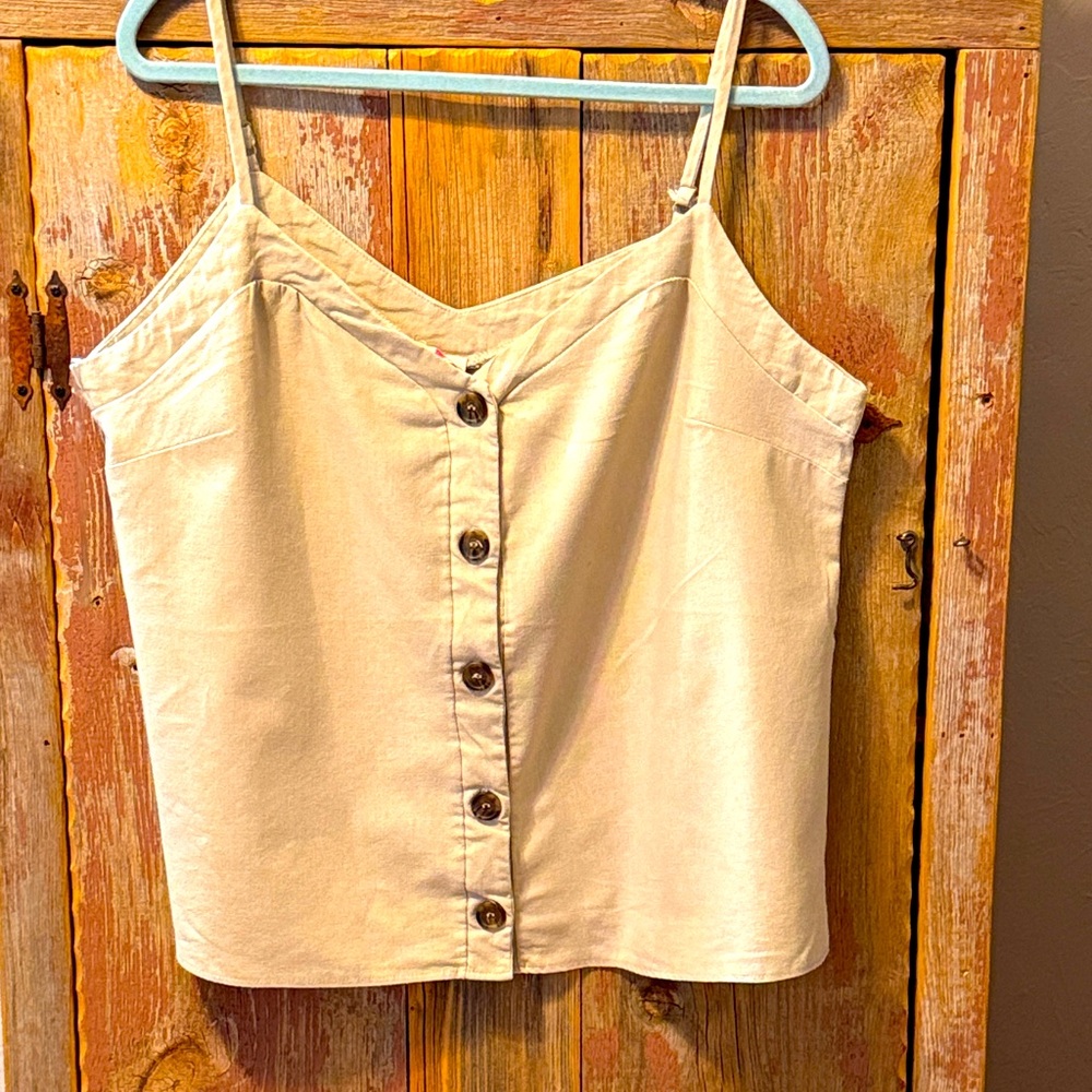 Blue Leopard Natural Tan button up tank top, size 2X. Linen